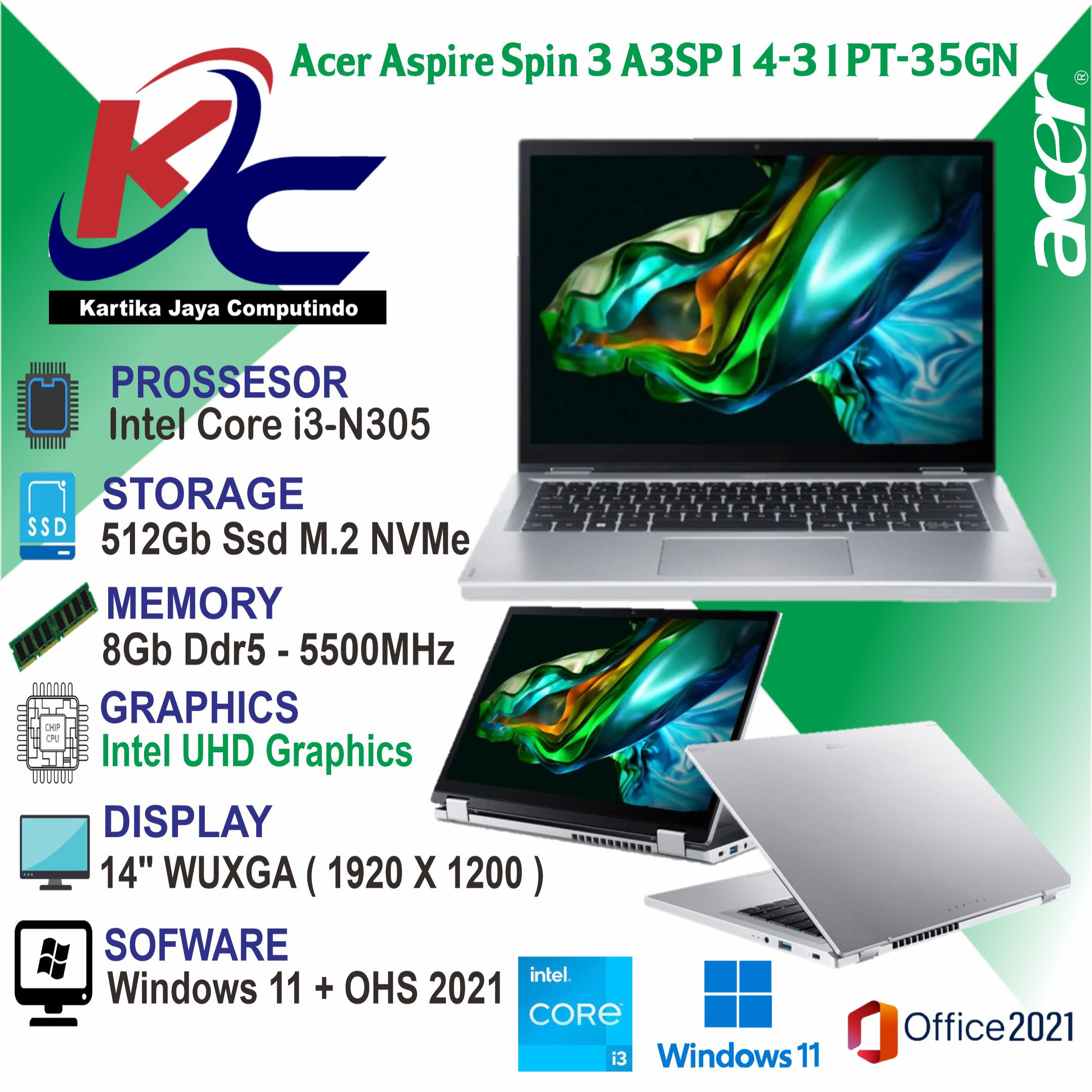 ACER A3SP14-31PT-35GN  I3-N305/ 8GB/ SSD512/ TOUCH/ W11 OHS GREY